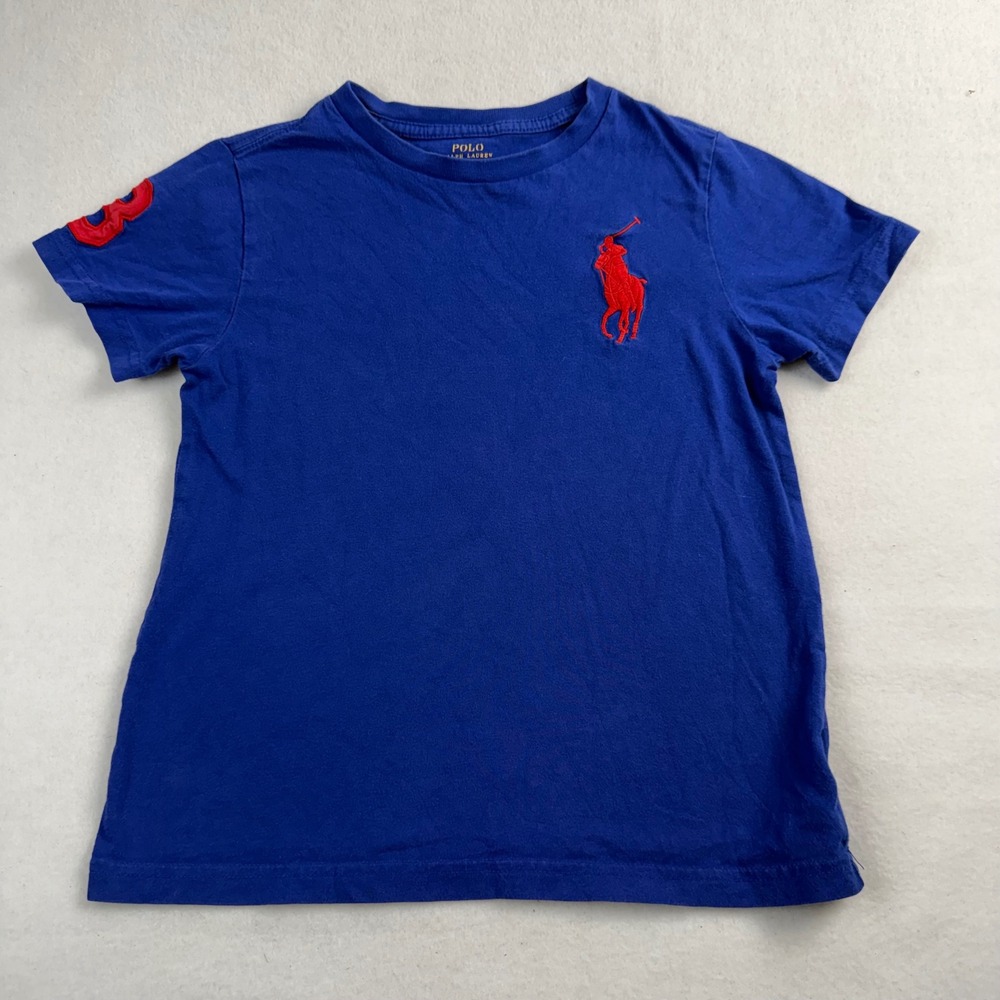 Polo Ralph Lauren Boys Blue T-Shirt Red Big Pony Logo Number 3 Sleeve Size 6
